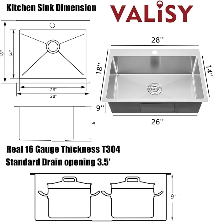 28X18 Inch Drop In Kitchen Sink, Topmount Stainless Steel Brushed Nickel Single Bowl Kitchen Sink, Extra-thick 16 Gauge Kitchen Sinks For RV Laundry Utility with Basket Strainer