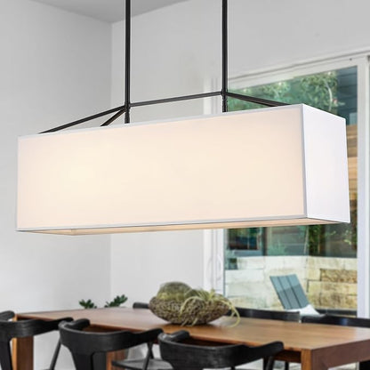 Dining Room Light Fixture Black Chandelier for Entryway 7-Light Large Linear Rectangle Island Lighting White Fabric Kitchen Pendant Light for Kitchen Bedroom Foyer Living Room