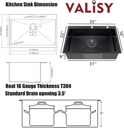 33 x 22 Inch Black Kitchen Sink, Topmount Drop In Stainless Steel Single Bowl Kitchen Sink, 16 Gauge Extra-Thick Modern Bar Prep RV Laundry Sinks with Dish Grid and Basket Strainer,VLSYJ3322BW