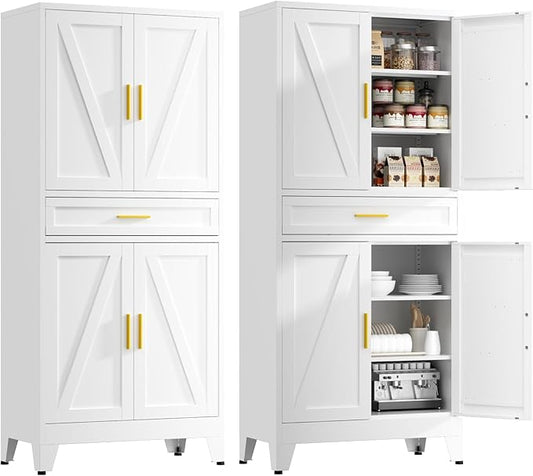 71" Tall Kitchen Pantry Cabinet,Farmhouse Pantry Cabinet,Metal Cabinet with Adjustable Shelves and Drawer,Storage Cabinet for Kitchen Dining Room Garage,White 1 Pack