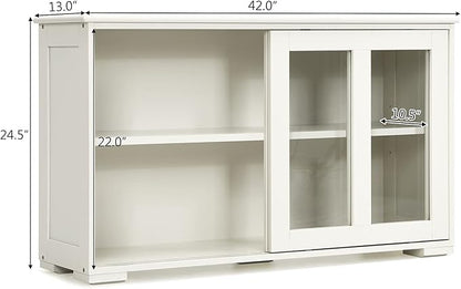 Costzon Sideboard Buffet Cabinet, Wooden Kitchen Storage Cabinet with Adjustable Shelf, Sliding Glass Doors, Accent Coffee Bar Cabinet Console Table for Living Room, Dining Room, Hallway (Cream White)