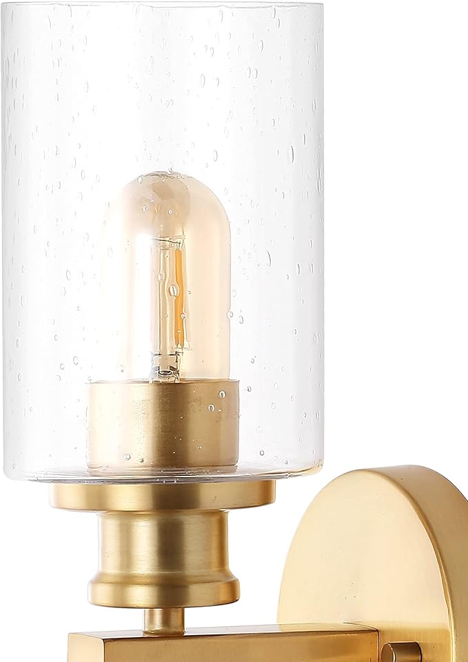 JONATHAN Y 16.5" Brass Gold 2-Light LED Wall Sconce, Modern Farmhouse Vanity Light with Seeded Glass Shade, Industrial Iron Fixture for Bathroom Mirror, LED Bulbs Included (JYL7577E)