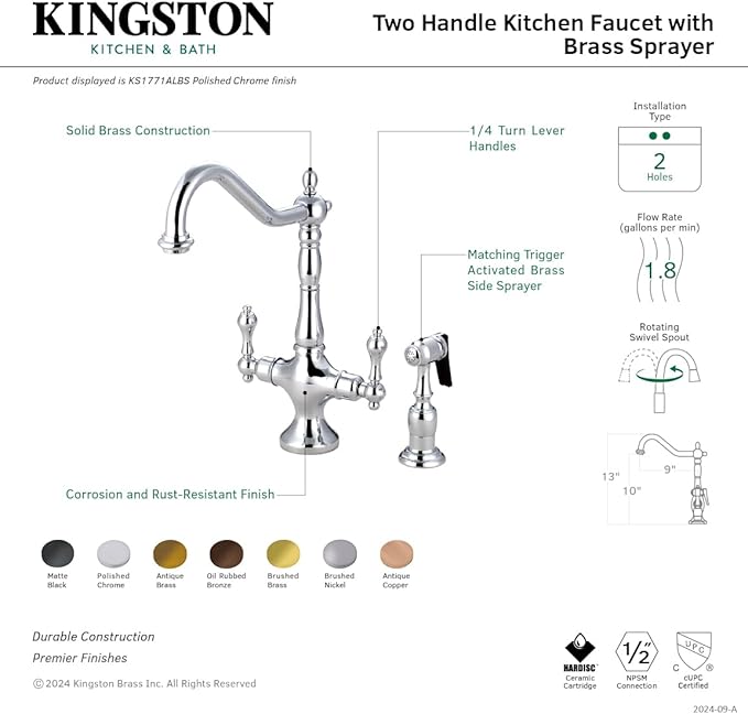 Kingston Brass KS1778ALBS Heritage 2-Handle Kitchen Faucet with Brass Sprayer, Brushed Nickel