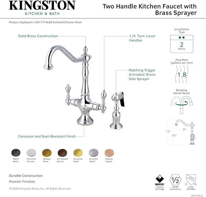 Kingston Brass KS1778ALBS Heritage 2-Handle Kitchen Faucet with Brass Sprayer, Brushed Nickel