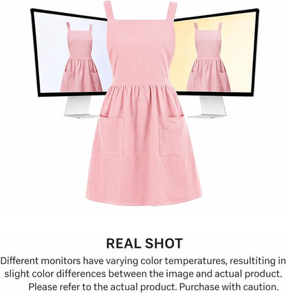Pinknoke Cotton Linen Pinafore Apron Dress for Women with Pockets Cute Art Chef Aprons for Kitchen Baking Gardening Painting