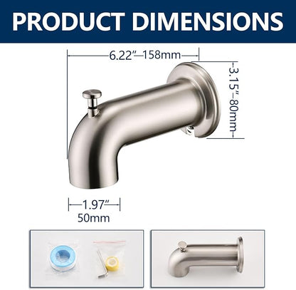Slip-On Tub Spout with Diverter Long for Bathtub Spout, Fit for 1/2 Inch Slip Pipe, Brushed Nickel