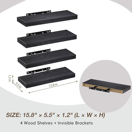 Lufia Floating Wall Shelves, Set of 4, MDF with Invisible Brackets, Modern Storage for Bedroom, Bathroom, Living Room, Kitchen (Black, 15.8" W x 5.5" D x 1.2" H)