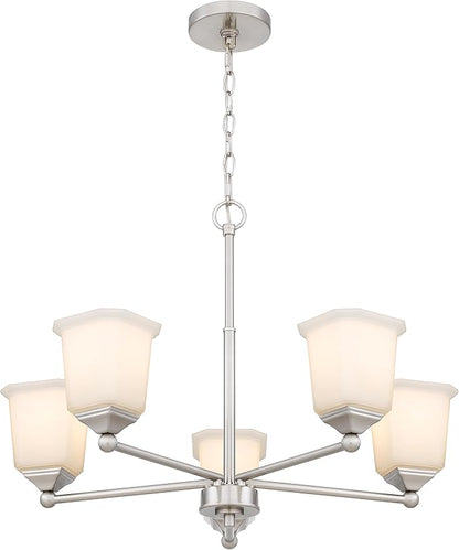 Tawson Nox 5-Light Chandelier Pendant Ceiling Light Brushed Nickle White Glass Shade Adjustable Height for Hallway, Entryway, Passway, Dining, Bedroom, Kitchen, Balcony Living Room