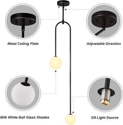 Modern Milk Glass Pendant Light 2 Light Mid Century Chandelier Small Glass Globe Black Pendant Lights for Kitchen Island Bedroom Dining (2 Pack)