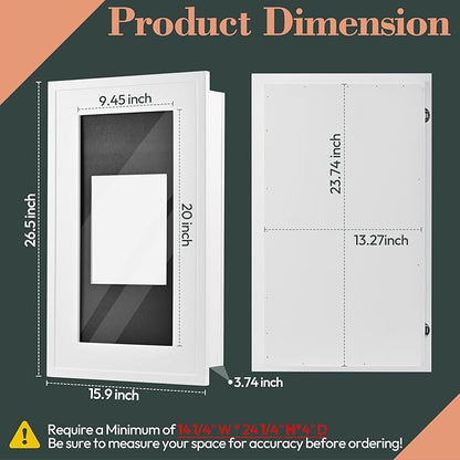 Concealed Medicine Cabinet 14×24 Recessed, Picture Frame Medicine Cabinet, Farmhouse White Wood Frame, 3 Shelves, 100% Handmade, Fully Assembled Wall Niche Insert For Bathroom,Bedroom,Hallway(White)