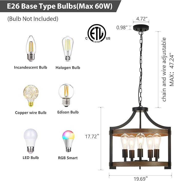 5-Light Farmhouse Chandelier, 20" Black Metal Faux Wood Pendant Light Fixtures, Hanging or Semi Flush Mount Rustic Chandelier for Dining Room, Foyer, Living Room, Kitchen
