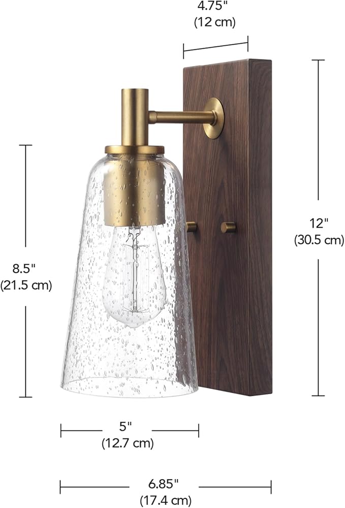 GLOBE Electric 65000051 1-Light Wall Sconce, Dark Wood Toned, Matte Brass Accents, Seeded Glass Shade, E26 Base Socket, Lights for Living Room, House Décor, Interior Lighting, Home Improvement