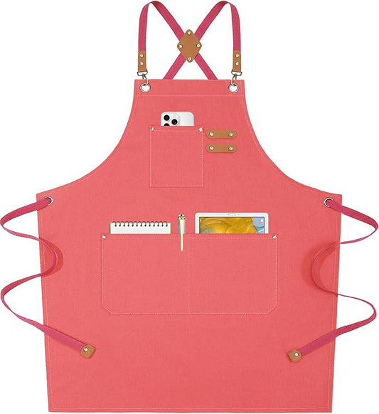 AFUN Chef Aprons for Women Men with Oversized Pockets, 12-Ounce Cotton Canvas Cross Back Water Repellent Apron (Pink)