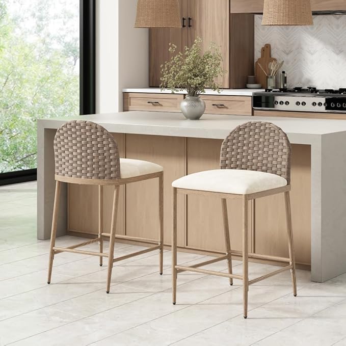 Farmhouse Barstools with Rattan Backrest for Kitchen Island Counter Seating