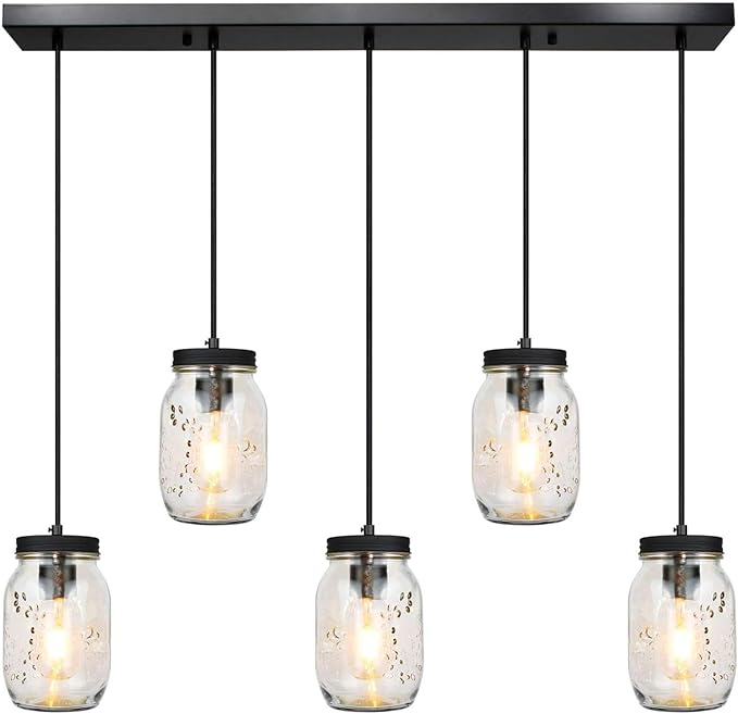 5-Light Glass Mason Jar Light Fixtures, Farmhouse Kitchen Island Pendant Lighting, Rustic Adjustable Height Jar Ceiling Lights for Over Sink, Dining Room, Foyer, Stairway, Hallway, Entryway, Porch