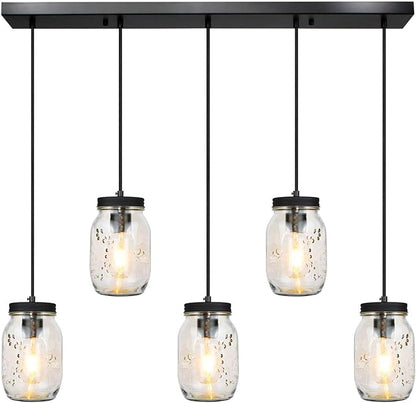 5-Light Glass Mason Jar Light Fixtures, Farmhouse Kitchen Island Pendant Lighting, Rustic Adjustable Height Jar Ceiling Lights for Over Sink, Dining Room, Foyer, Stairway, Hallway, Entryway, Porch