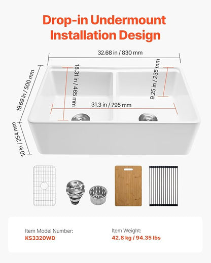 VEVOR 33x20 inch Farmhouse Sink, White Sink Workstation, Fireclay Undermount Basins, Apron Front Double Bowl Basin with Multiple Accessories, Large Capacity Household Dishwasher Sinks for Kitchen