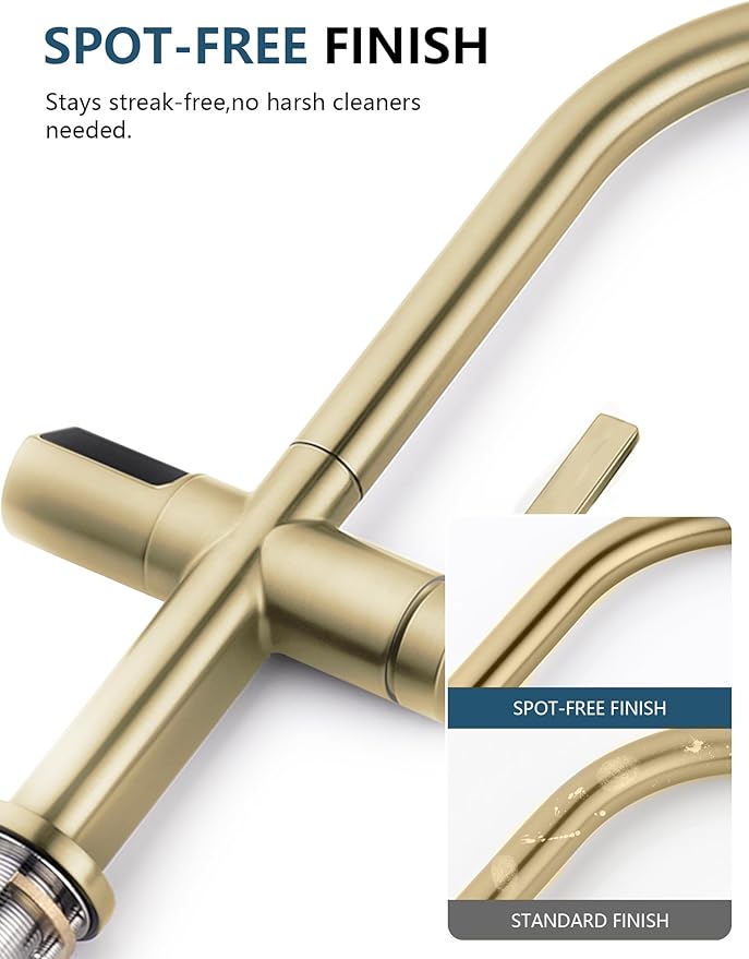 Lefton Touchless Pull-Out Kitchen Faucet, Hands Free Motion Sensor Activated, Battery-Free Temperature Display, KF2206 (Contemporary, Brushed Gold)