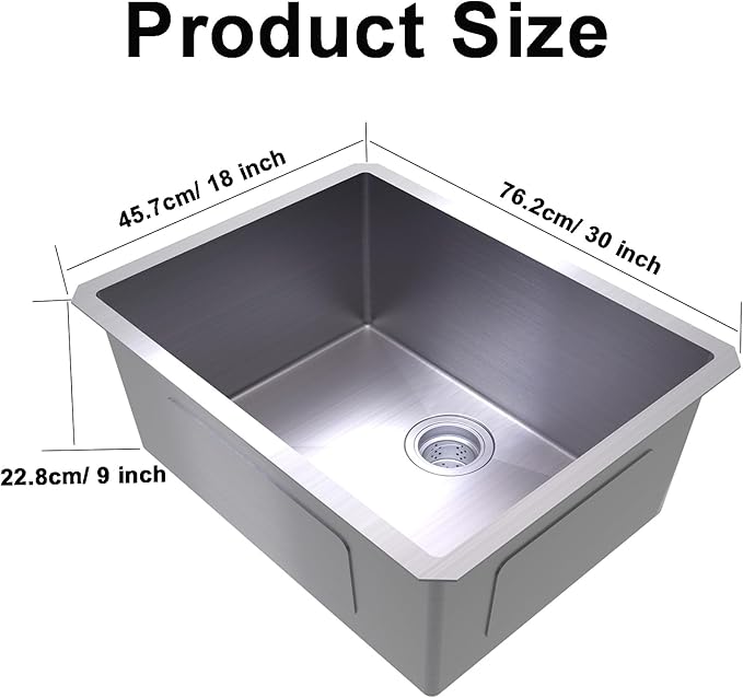 Kitchen Sink 30x18 Inch Undermount Sink 304 Stainless Steel 16 Gauge Single Bowl 9" Deep Handmade Kitchen Sinks Set with Accessories