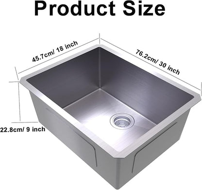 Kitchen Sink 30x18 Inch Undermount Sink 304 Stainless Steel 16 Gauge Single Bowl 9" Deep Handmade Kitchen Sinks Set with Accessories