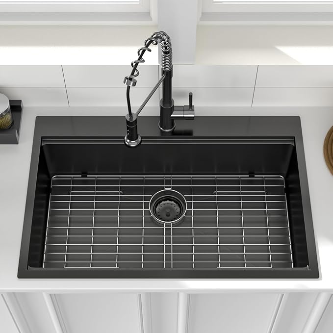 Logmey 33x22 Black Drop in Kitchen Sink 33" Topmount Kitchen Sink Workstation SUS304 16 Gauge Stainless Steel Handmade Single Bowl Top Mount Gunmetal Black Sinks,33x22x9