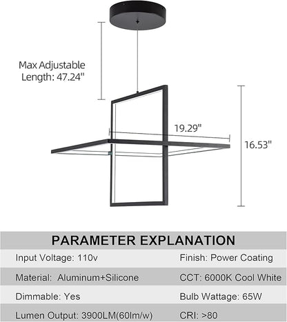Modern LED Chandelier - Square Pendant Light, Contemporary Style, Dimmable for Living, Dining, Bedroom, Kitchen, Study Room - 65W, 6000K Cool Light (Black)
