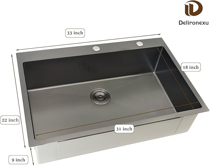 33x22 Black Drop In Kitchen Sink, Delironexu 16 Gauge 304 Black Stainless Steel Top Mount Kitchen Sink, 33 Inch Single Bowl Black Kitchen Sink with Accessories