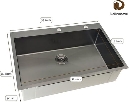 33x22 Black Drop In Kitchen Sink, Delironexu 16 Gauge 304 Black Stainless Steel Top Mount Kitchen Sink, 33 Inch Single Bowl Black Kitchen Sink with Accessories