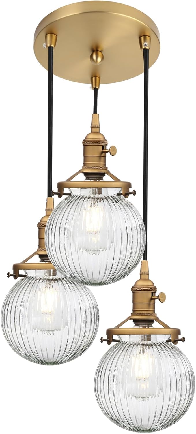 Phansthy Kitchen Island Lighting, 3 Lights Linear Chandeliers, Hanging Light with 5.9" Globe Striped Glass Shade, 3-Light Pendant Light Fixtures for Dining Room Farmhouse (Antique Gold, Round Base)