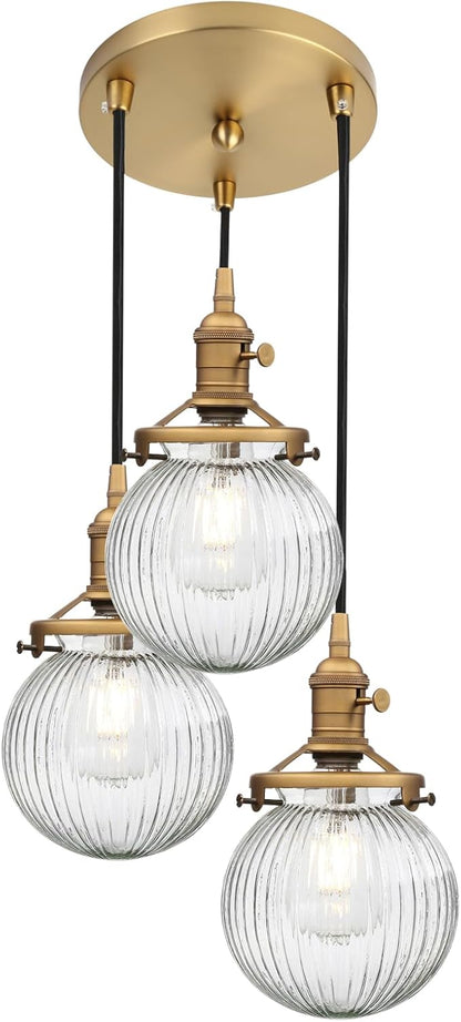 Phansthy Kitchen Island Lighting, 3 Lights Linear Chandeliers, Hanging Light with 5.9" Globe Striped Glass Shade, 3-Light Pendant Light Fixtures for Dining Room Farmhouse (Antique Gold, Round Base)