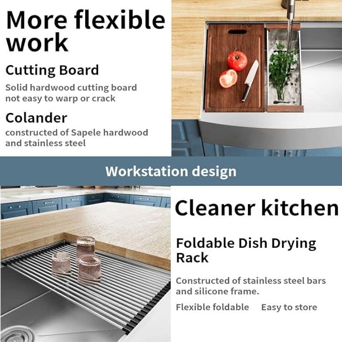 30x22 Inch Farmhouse Kitchen Sink – Workstation Apron Front, ALWEN Single Bowl Sink, 16 Gauge Scratch-Resistant Stainless Steel, R10 Radius, Ledge & Accessories Included