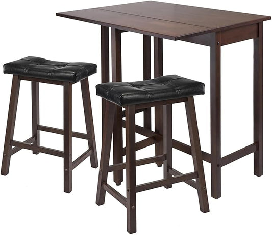 Lynnwood 3-Pc Drop Leaf High Table Set with 2 Cushioned Saddle Seat Counter Stools, Solid Wood Kitchen Island Dining Set, Space-Saving Design, Walnut & Black