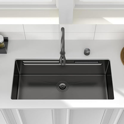Logmey 30" Undermount Waterfall Sink with Pull-out Faucet & Temperature Control Knob,Nano PVD Gunmetal Black 30x17 Double Step Workstation Kitchen Sink,16 Gauge All in One Single Bowl Sinks