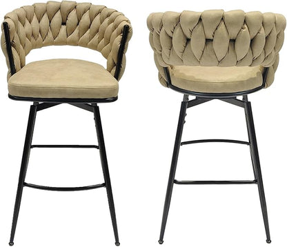 28" Technical Leather Woven Bar Stool Set of 2,Black Legs Barstools No Adjustable Kitchen Island Chairs,360 Swivel Bar Stools,for Living Room
