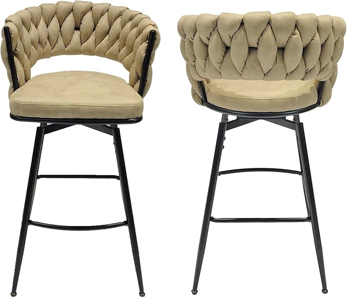 28" Technical Leather Woven Bar Stool Set of 2,Black Legs Barstools No Adjustable Kitchen Island Chairs,360 Swivel Bar Stools