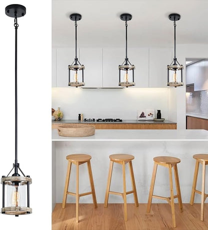 Farmhouse Pendant Light, Rustic White Wood Metal Cage Hanging Light Fixtures with Glass, 43 Inch Adjustable for Flat and Slop Ceiling, Pendant Lighting for Kitchen Island Foyer Hallway, 2 Pack