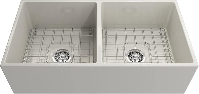 BOCCHI Contempo Farmhouse Apron Front Fireclay 36 in. Double Bowl Kitchen Sink with Protective Bottom Grid and Strainer in Biscuit