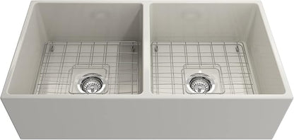 BOCCHI Contempo Farmhouse Apron Front Fireclay 36 in. Double Bowl Kitchen Sink with Protective Bottom Grid and Strainer in Biscuit