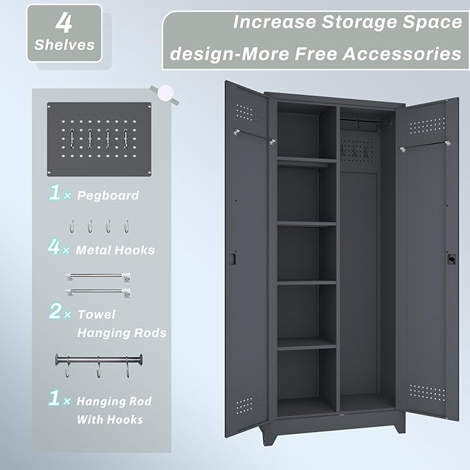 IRONFFICE Lockable Storage Cabinet,Metal Garage Storage Cabinets with Doors,Steel Utility Closet Cabinet with Adjustable Shelves,Locking Cabinet for Home,Garage,Gray