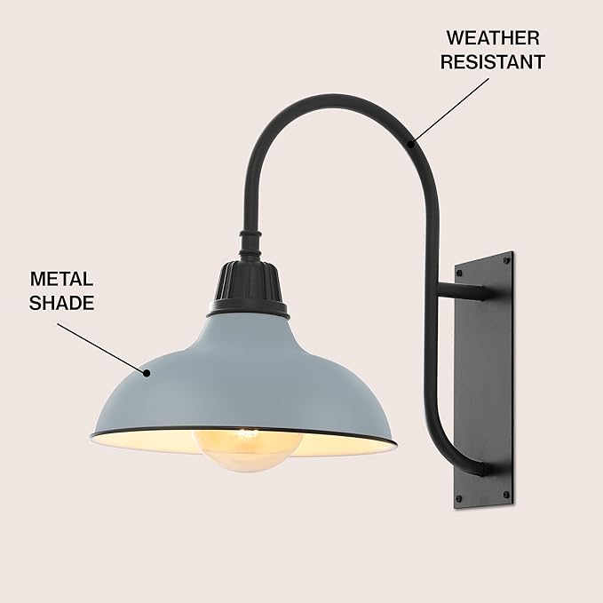 JONATHAN Y 12.25" Matte Silver 1-Light Blue/Black Farmhouse Gooseneck Outdoor Wall Sconce Lamp, with Black Metal Bowl Shade, Industrial Iron LED Porch Light for Patio Garage Entryway (JYL7614K)
