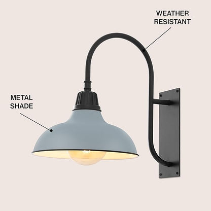 JONATHAN Y 12.25" Matte Silver 1-Light Blue/Black Farmhouse Gooseneck Outdoor Wall Sconce Lamp, with Black Metal Bowl Shade, Industrial Iron LED Porch Light for Patio Garage Entryway (JYL7614K)