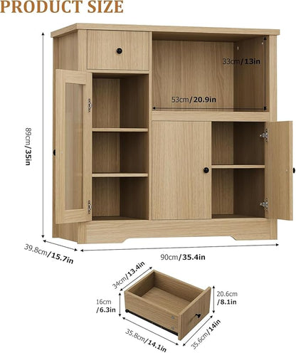 Storage Cabinet with Adjustable Shelves & Microwave Stand, Buffet Sideboard with Drawer, Single and Double Doors for Kitchen, Dining Room, Natural