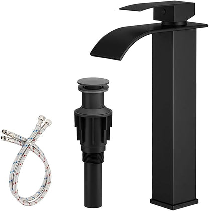Vessel Sink Faucet Waterfall Bathroom Faucet Matte Black Stainless Steel Tall Single Handle One Hole Deck Mount Bowl Vanity Sink Faucet with Pop-up Drain Stopper