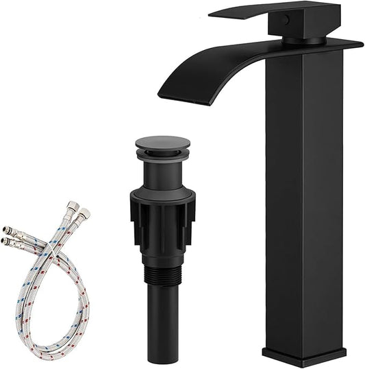 Vessel Sink Faucet Waterfall Bathroom Faucet Matte Black Stainless Steel Tall Single Handle One Hole Deck Mount Bowl Vanity Sink Faucet with Pop-up Drain Stopper