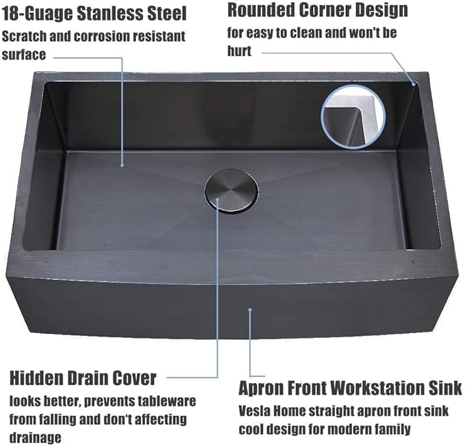 33 inch Black Farmhouse Sink, Modern Single Bowl Stainless Steel Apron Front Farmhouse Kitchen Sink with Dish Grid and Strainer