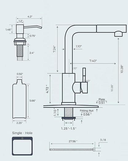 FORIOUS Kitchen Faucet with Soap Dispenser, Brushed Nickel Stainless Steel Sink Faucet with Pull Out Sprayer Modern Single Handle Suitable for Bar RV Farhouse Laundry Outdoor