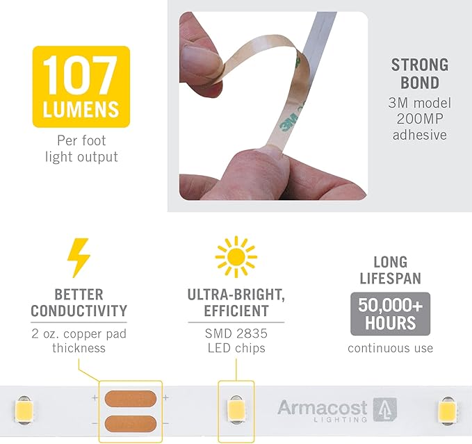 Armacost Lighting RibbonFlex Home 12V White LED Strip Light Tape 30 LED/m 3000K 16 ft (5m), 16.4 ft (5m) 141232
