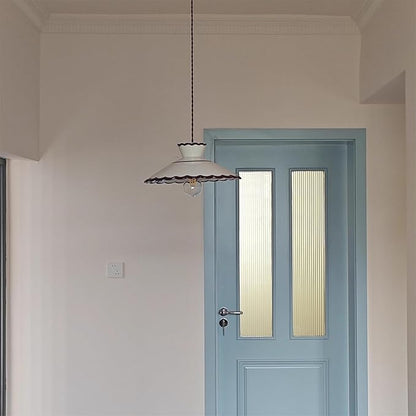 Vintage Scalloped Pendant Light, Cottagecore Farmhouse Style Hanging Lamp, Cream White Ceramic Shade, Adjustable Cord Ceiling Fixture for Kitchen Island, Dining Room, Bedroom, Cafe