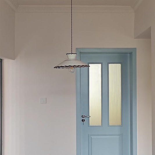 Vintage Scalloped Pendant Light, Cottagecore Farmhouse Style Hanging Lamp, Cream White Ceramic Shade, Adjustable Cord Ceiling Fixture for Kitchen Island, Dining Room, Bedroom, Cafe