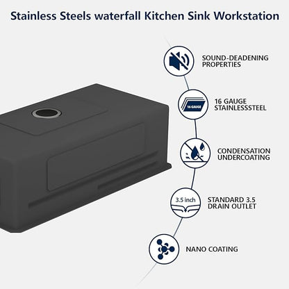 Logmey 33" Undermount Waterfall Sink with Pull-out Faucet & Knob,Nano PVD Gunmetal Black 33x17 Double Step Workstation Sink,16 Gauge All in One Single Sinks Perfect for Family Kitchen & Daily Cooking